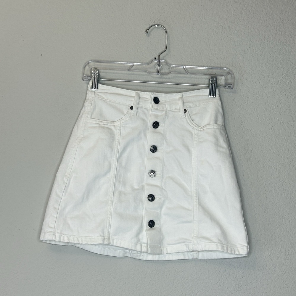 Aerie White Denim Button Front Mini Skirt Women's Size XXS 2XS A Line